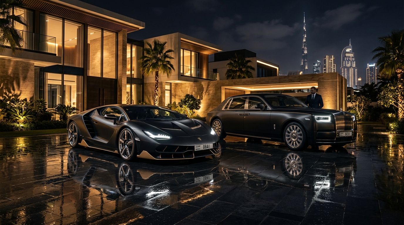 Luxury car rental in Dubai with a private chauffeur and a supercar at a villa