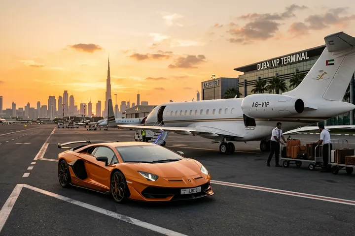 Orange Lamborghini beside a private jet at a Dubai VIP terminal as luggage is loaded at sunset