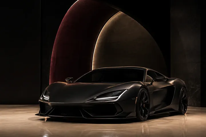 Dark supercar under a spotlit arch, staged for a private event reveal in Dubai