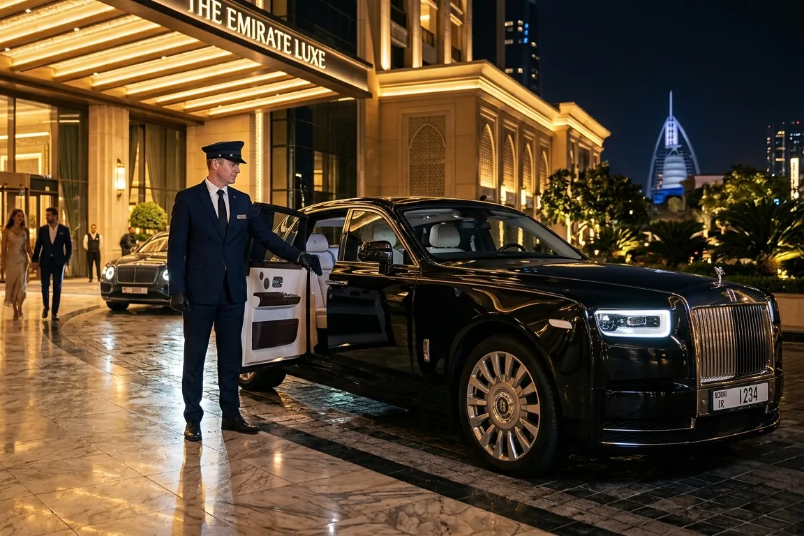Uniformed chauffeur opening the rear door of a black Rolls-Royce at a Dubai hotel entrance