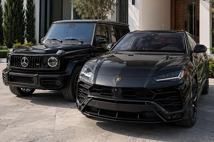 Black Mercedes-AMG G 63 and Lamborghini Urus parked outside a modern villa in Dubai