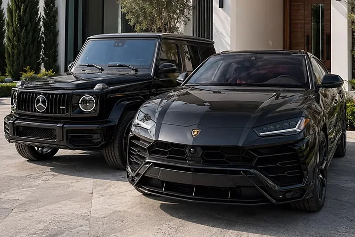 Black Mercedes-AMG G 63 and Lamborghini Urus parked outside a modern villa in Dubai