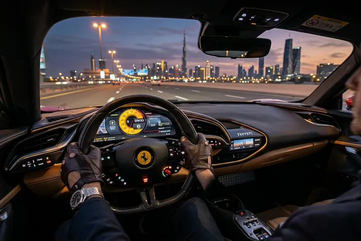 Driver's view from a Ferrari cockpit on a Dubai highway at dusk, skyline ahead